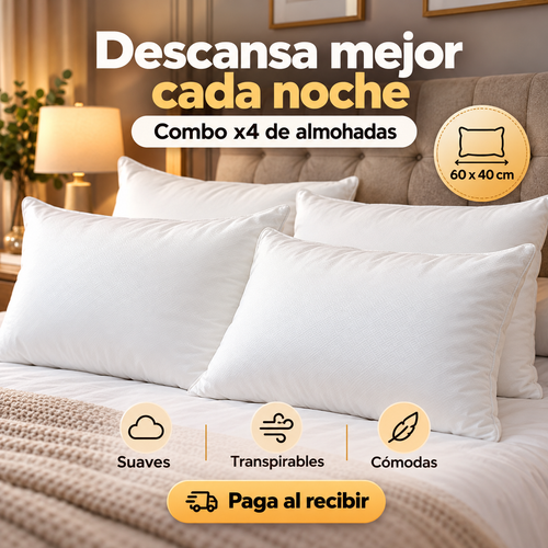 Combo x4 de almohadas blancas 60 x 40 cm sobre la cama