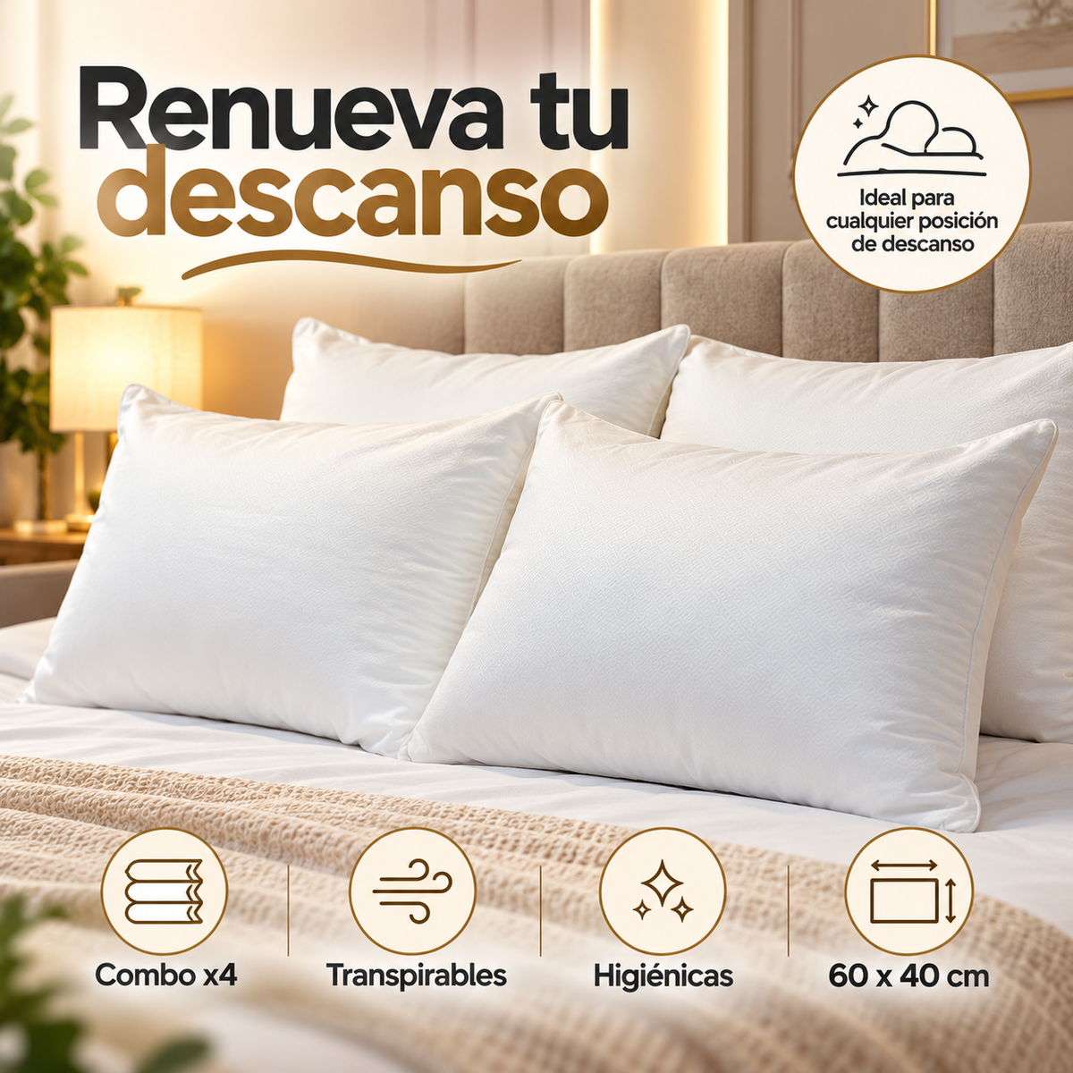 Cuatro almohadas transpirables e higiénicas de 60 x 40 cm